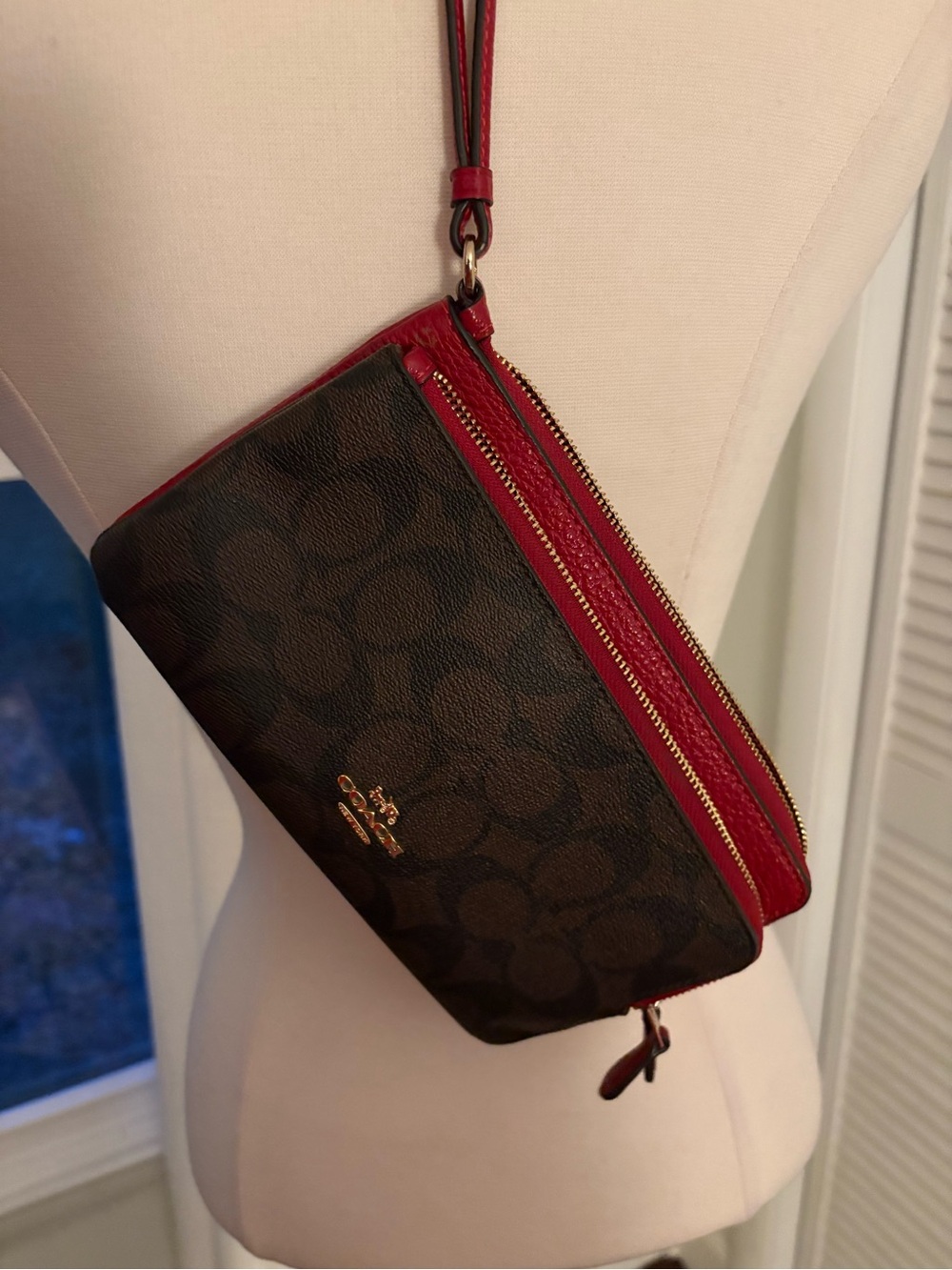Coach Brown Signature Canvas Wristlet with Red Trim and Gold Hardware